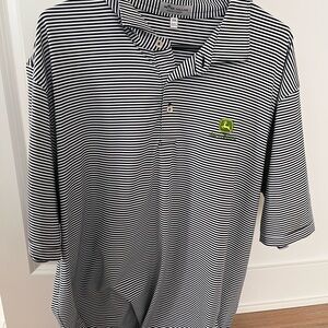 Peter Millar Black and White Striped Polo Shirt - John Deere logo